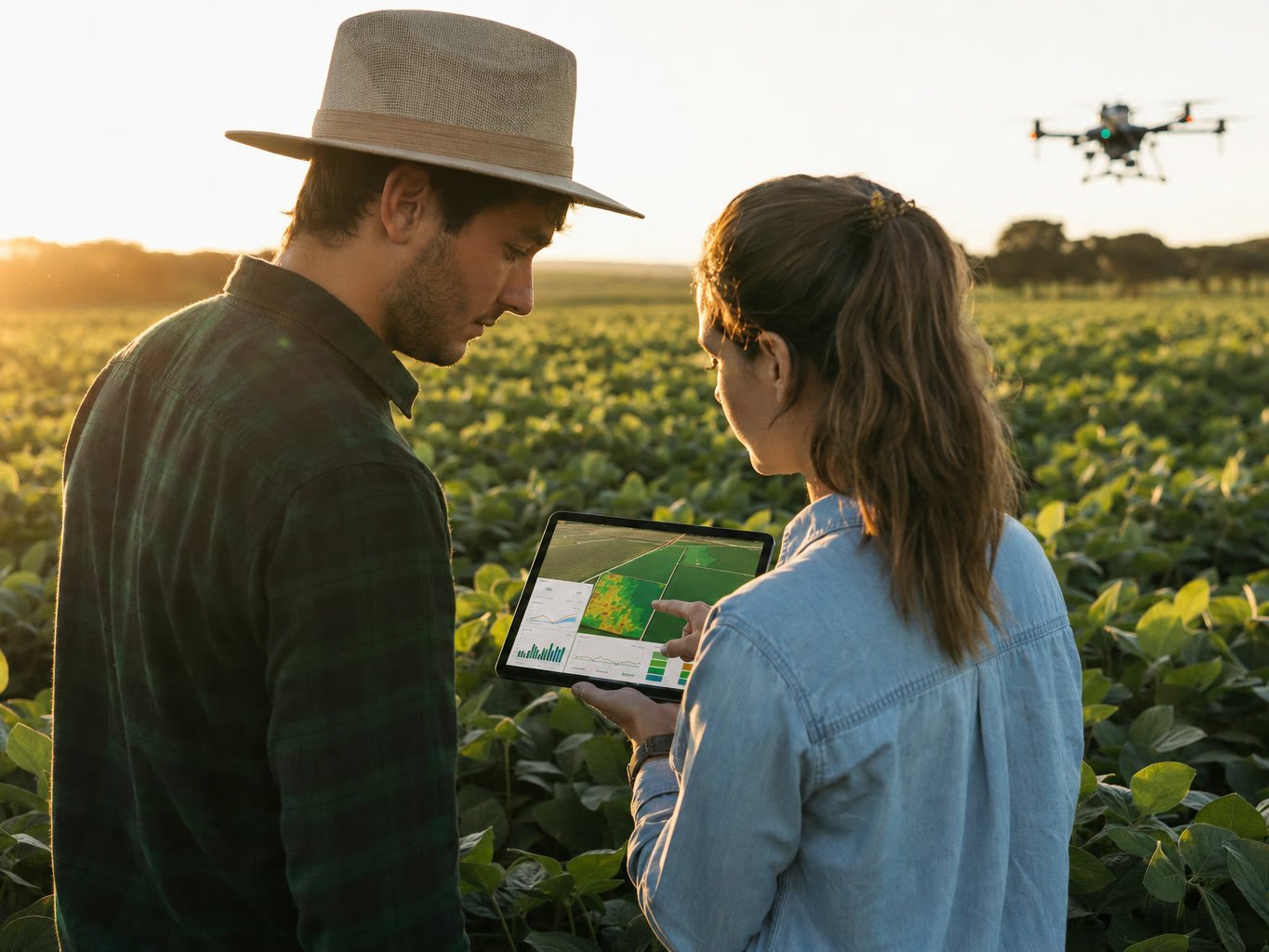 Produtor rural e agrônoma analisam dados da lavoura em um tablet, em meio à plantação de soja ao entardecer, com um drone agrícola ao fundo